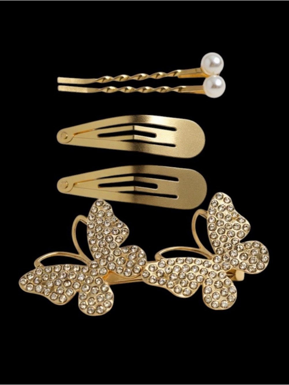 Mint Gold Tone Butterfly and Pearl Hair Clip Set